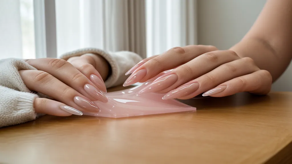Set finalizado de uñas acrílicas con acabado profesional y natural.