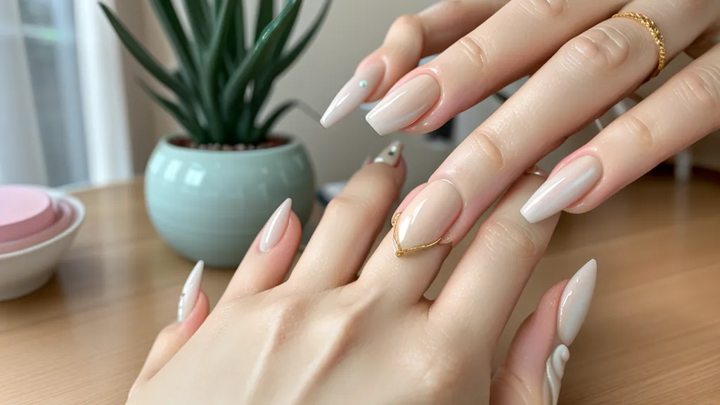 Iluminación deficiente creando sombras duras sobre una aplicación de uñas acrílicas.