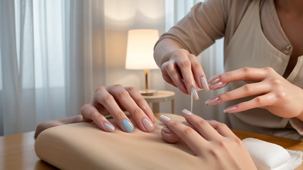 Manicurista revisando el curado de uñas acrílicas tras usar la lámpara LED