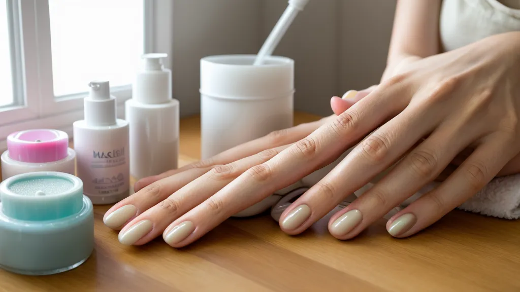 Espacio de trabajo de una manicurista en casa con lámpara LED y materiales