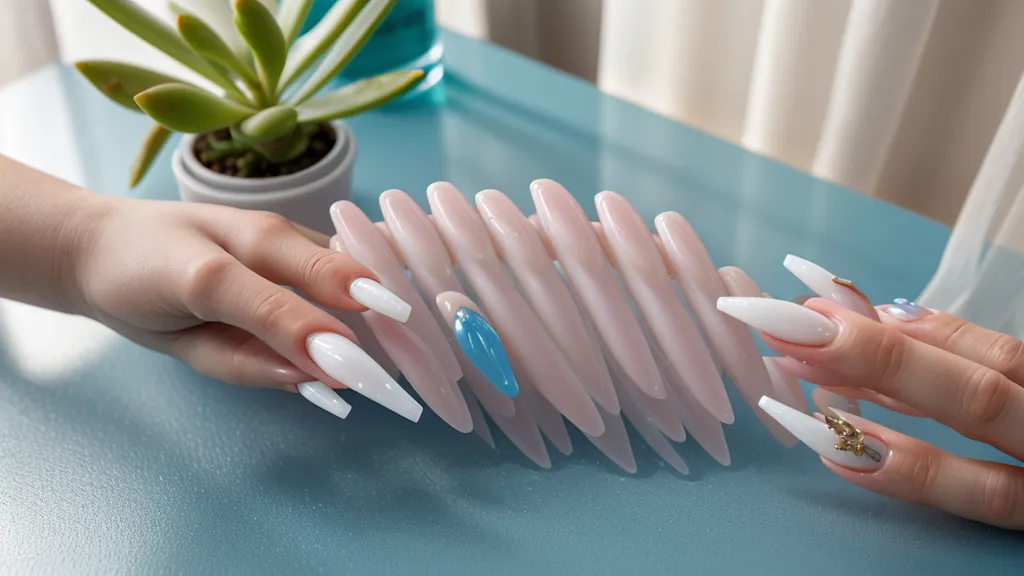 Set final de uñas acrílicas con acabado profesional bajo lámpara LED