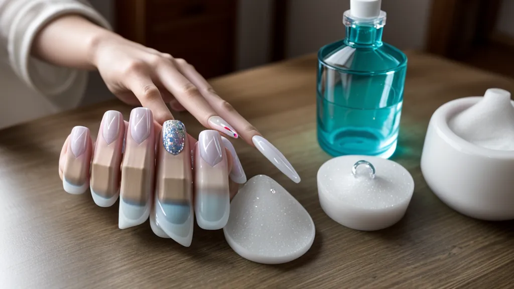 Mano con guante de manicurista tecleando en un celular con polvo de acrílico