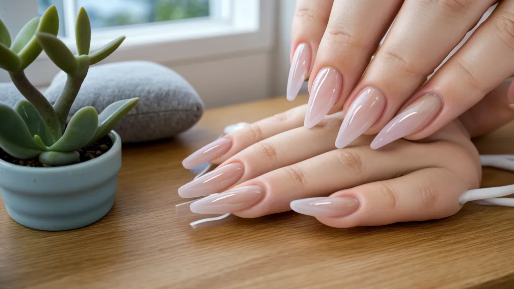 Mano de clienta secando uñas acrílicas bajo una lámpara LED de 48W