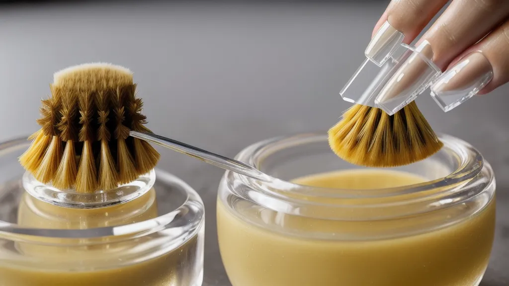 Pincel de manicurista sosteniendo una perla de acrílico cristal con técnica tradicional