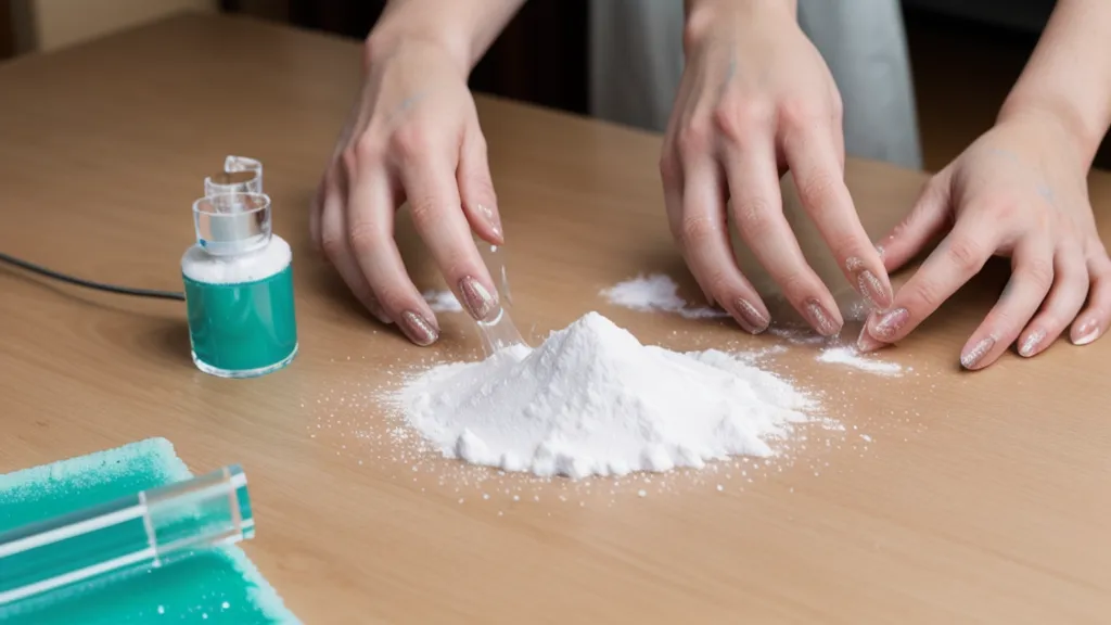 Botella de monómero y vasito dappen en una mesa de trabajo con polvo de acrílico