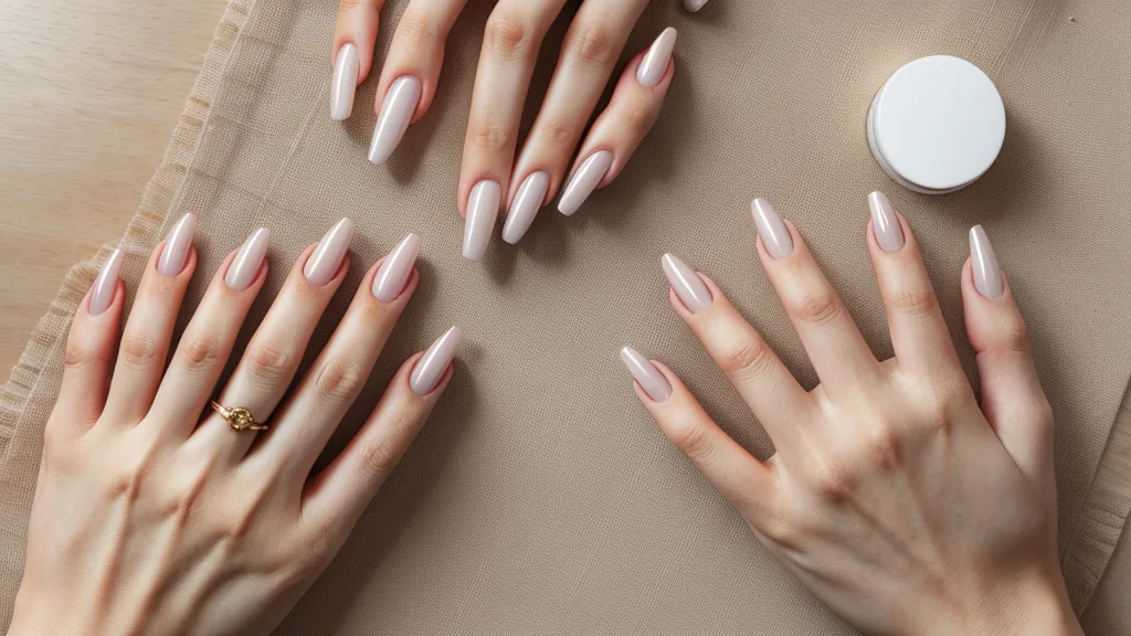 Manos de manicurista asegurando el adhesivo de una forma escultural bajo el dedo