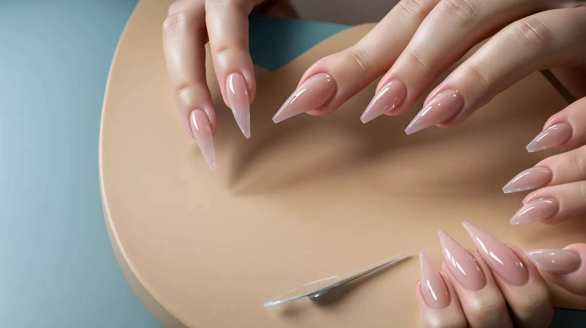 Manicurista profesional revisando uñas acrílico mientras evalúa su emprendimiento de belleza en casa