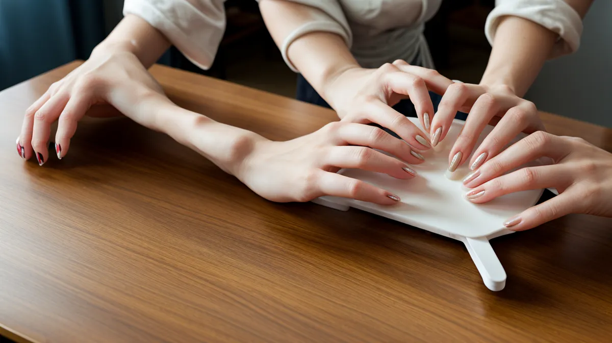 Manicurista en casa armando su agenda de uñas acrílicas antes de decidir si rentar un local en Puebla