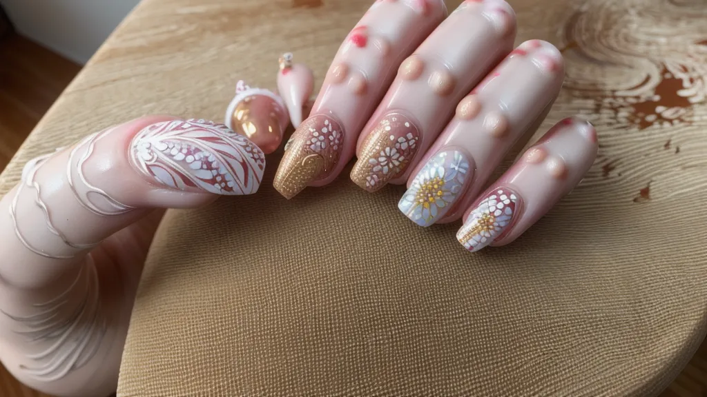 Uñas acrílicas terminadas con diseños avanzados a mano alzada sobre mesa de madera