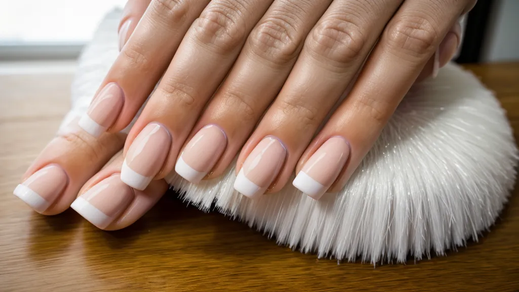 Set de uñas acrílicas terminadas con acabado profesional y pincel al lado