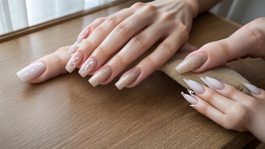 Manicurista revisando cuentas y recibos de su emprendimiento de belleza junto a su equipo de limado eléctrico