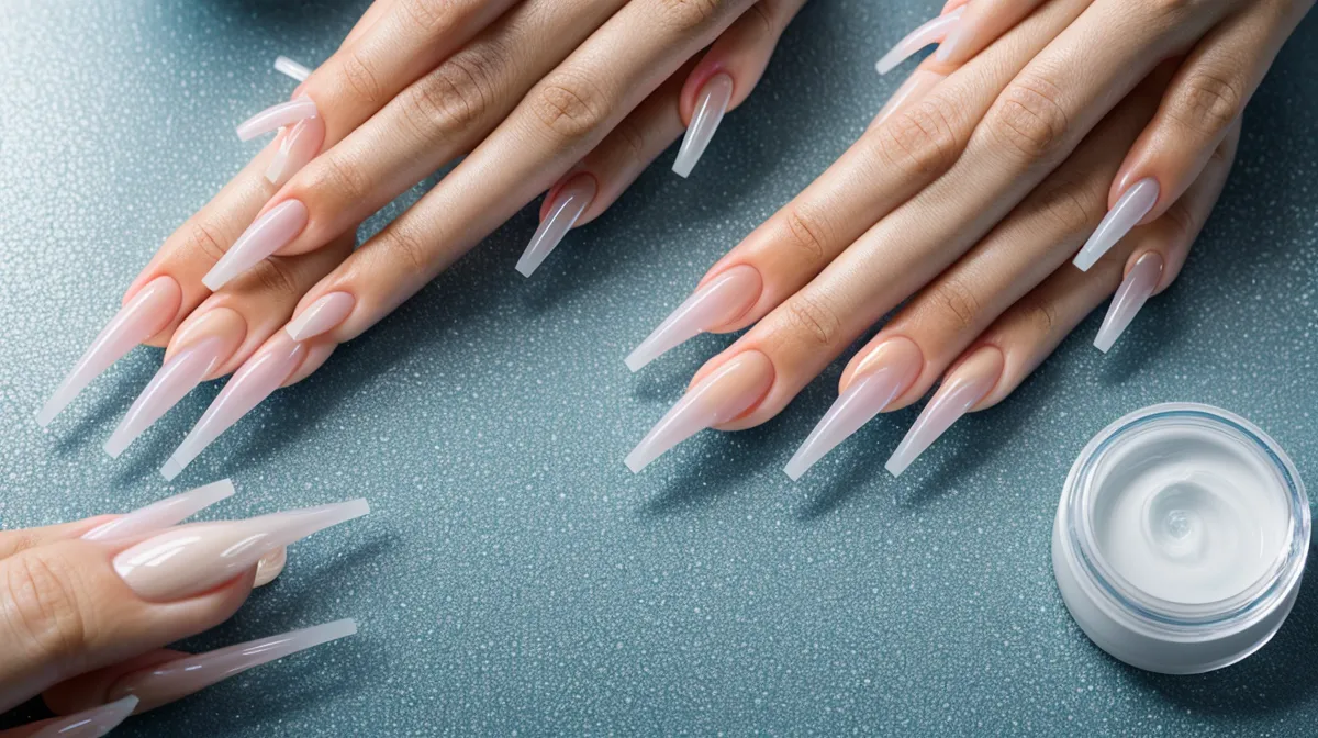 Libro de diseños de uñas acrílico abierto junto a materiales de manicurista autodidacta