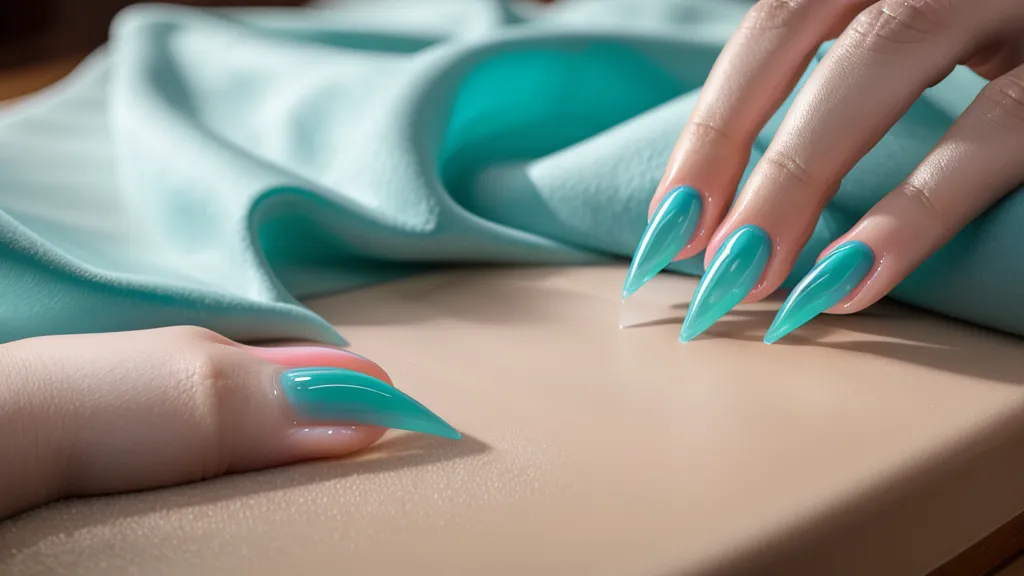 Pincel de detalle trazando un diseño de nail art a mano alzada sobre una uña acrílica