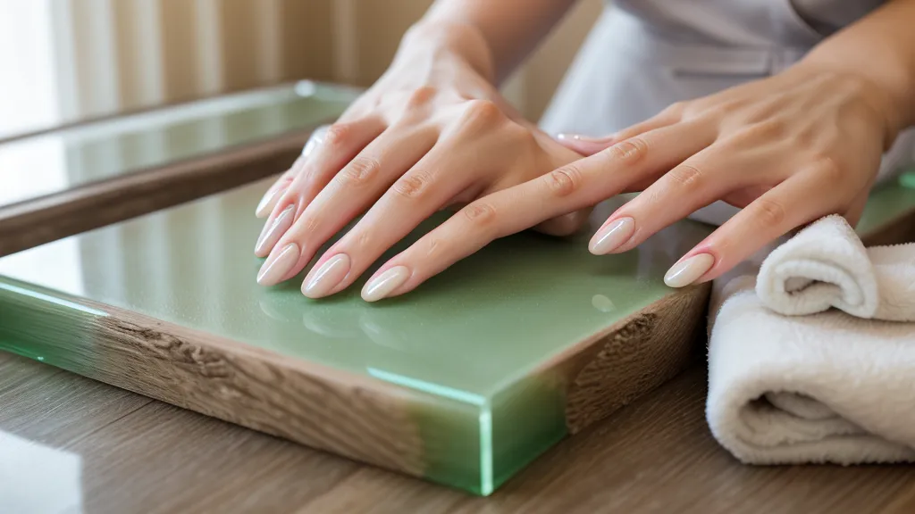 Manicurista independiente reflexionando sobre su futuro profesional en su estudio en casa.
